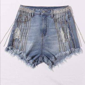 Raw Hem Rhinestone Chain Denim Shorts